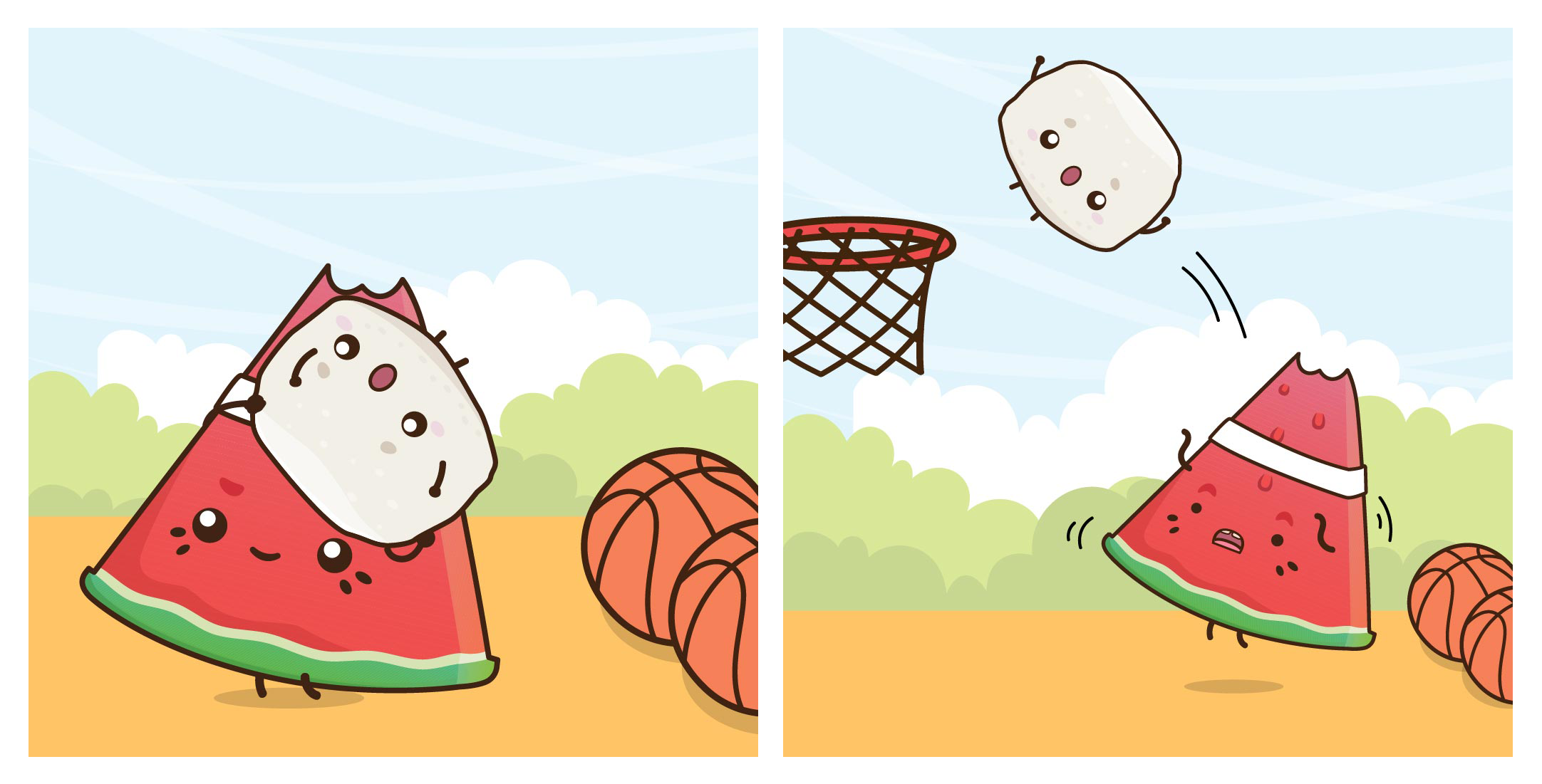 Cartoon watermelon slice tosses a smiling marshmallow toward a basketball hoop; balls lie on the court.